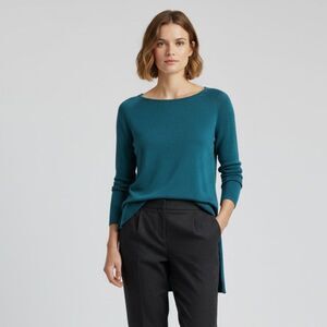 Eileen Fisher Teal Blue Long Sleeve Round Neck Blouse Size Small NWOT